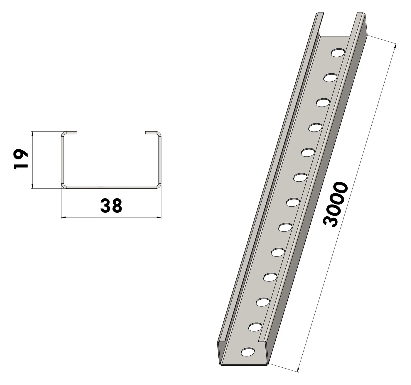 Perfilado 38x19 Perforado BGA — Tramo recto 38x19 mm perforado