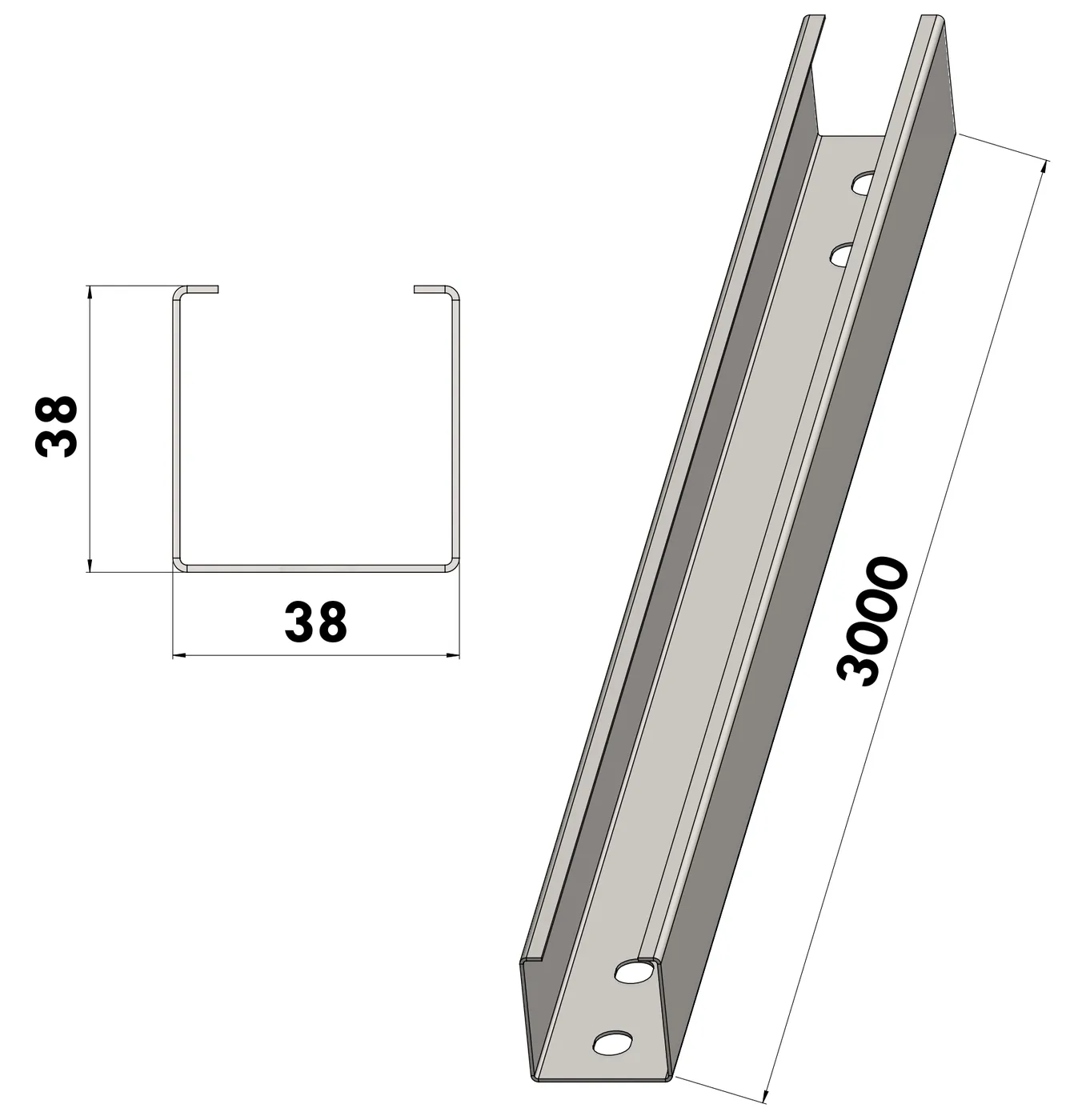 Perfilado 38x38 Liso BGA — Tramo recto 38x38 mm · liso o perforado