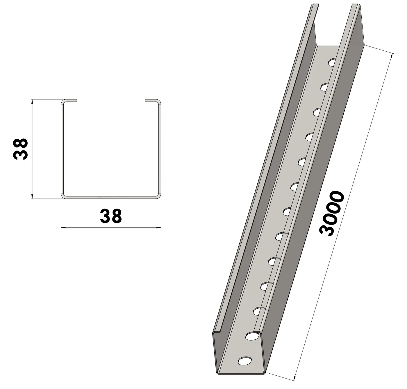 Perfilado 38x38 Perforado BGA — Tramo recto 38x38 mm · liso o perforado